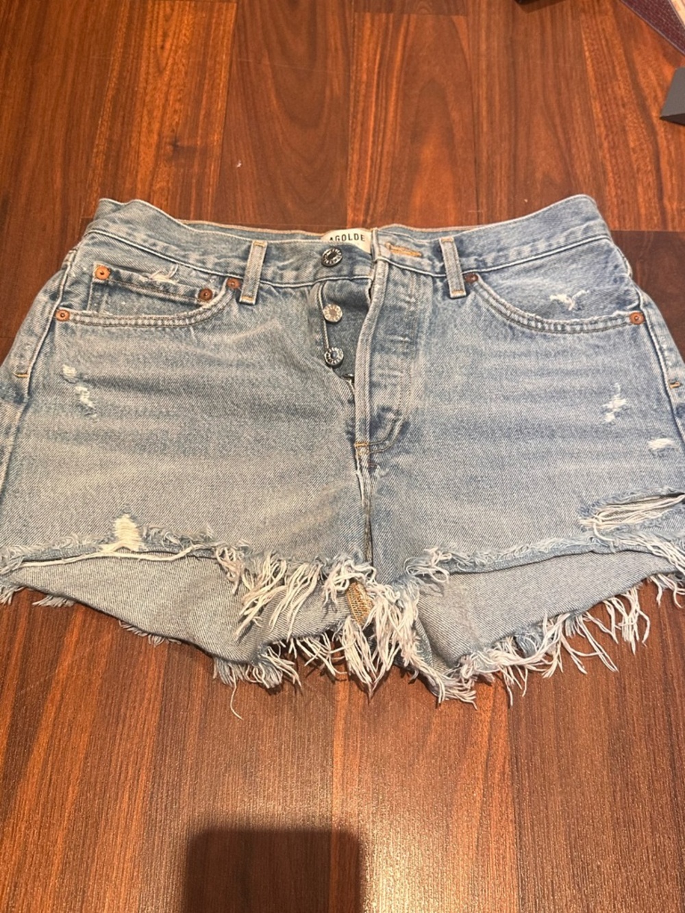 Agolde Light Blue Parker Distressed High-Rise Denim Shorts - Picture 2 of 7